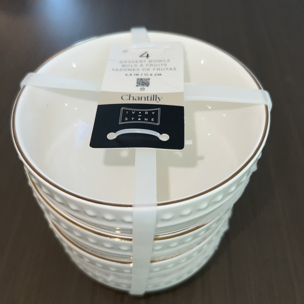 NEW Ivory and Stone  Chantilly Dessert Bowls-Ivory/Gold Rim W/Dot Edge Set Of 4